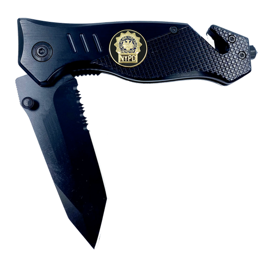 NYPD Detective Knife 3-in-1 Military Tactical Rescue tool knife with Seatbelt Cutter, Steel Serrated Blade, Glass Breaker