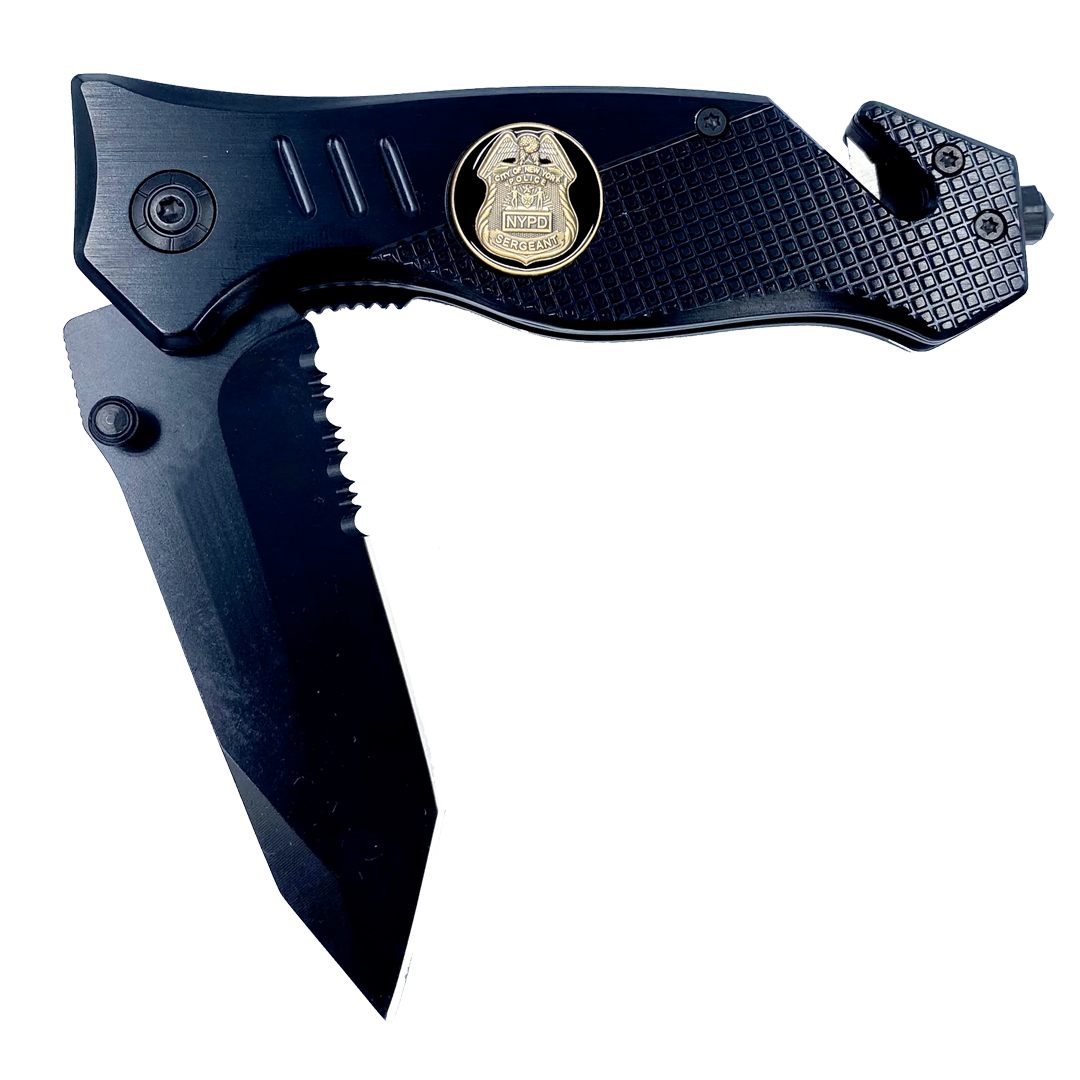 NYPD Sergeant Knife 3-in-1 Military Tactical Rescue knife tool with Seatbelt Cutter, Steel Serrated Blade, Glass Breaker