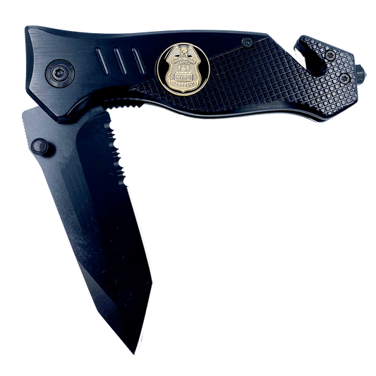 NYPD Sergeant Knife 3-in-1 Military Tactical Rescue knife tool with Seatbelt Cutter, Steel Serrated Blade, Glass Breaker