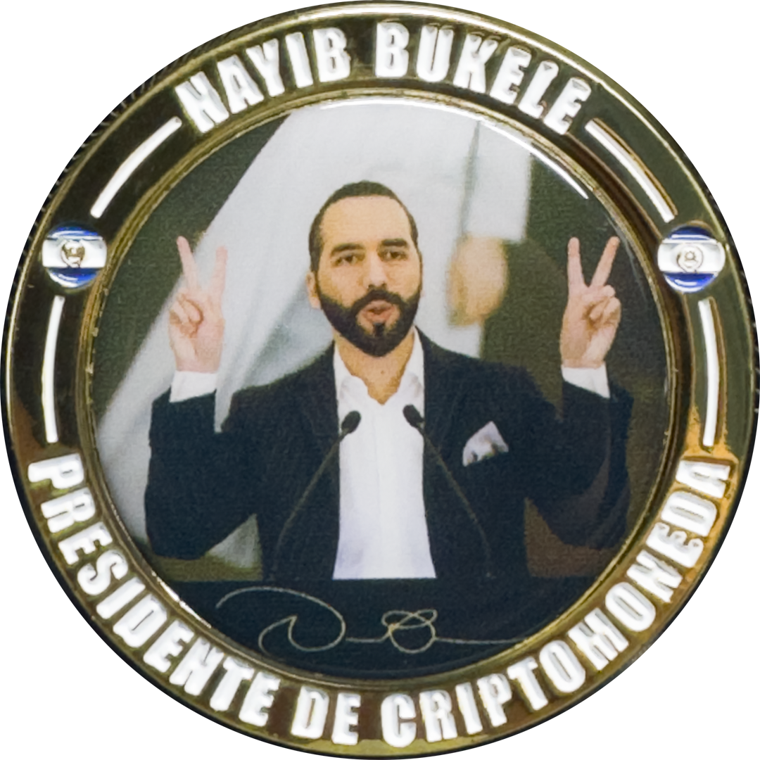 DL3-04 El Salvador Presidente Nayib Bukele huge BLOCKCHAIN Coin for Crypto President