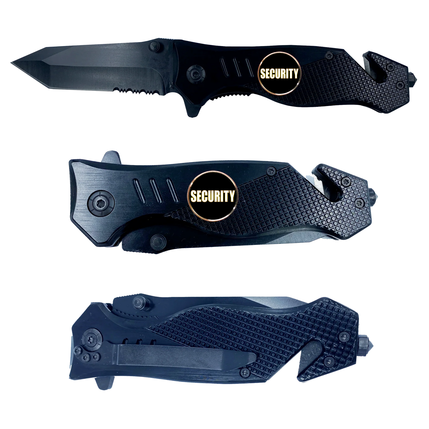 Security Enforcement Officer Agent 3-in-1 Tactical Rescue tool knife with Seatbelt Cutter Steel Serrated Blade Glass