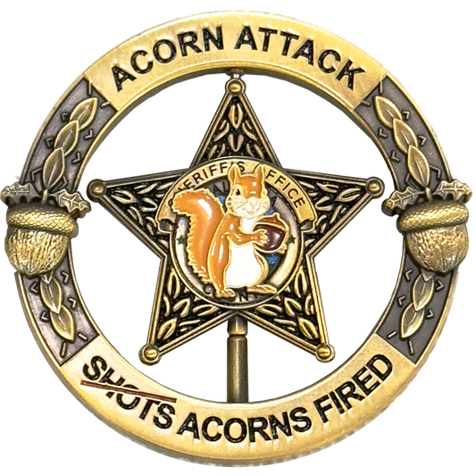 EL17-001 Okaloosa Deputy Sheriff Acorn Shots Fired Squirrel Spinner Challenge Coin