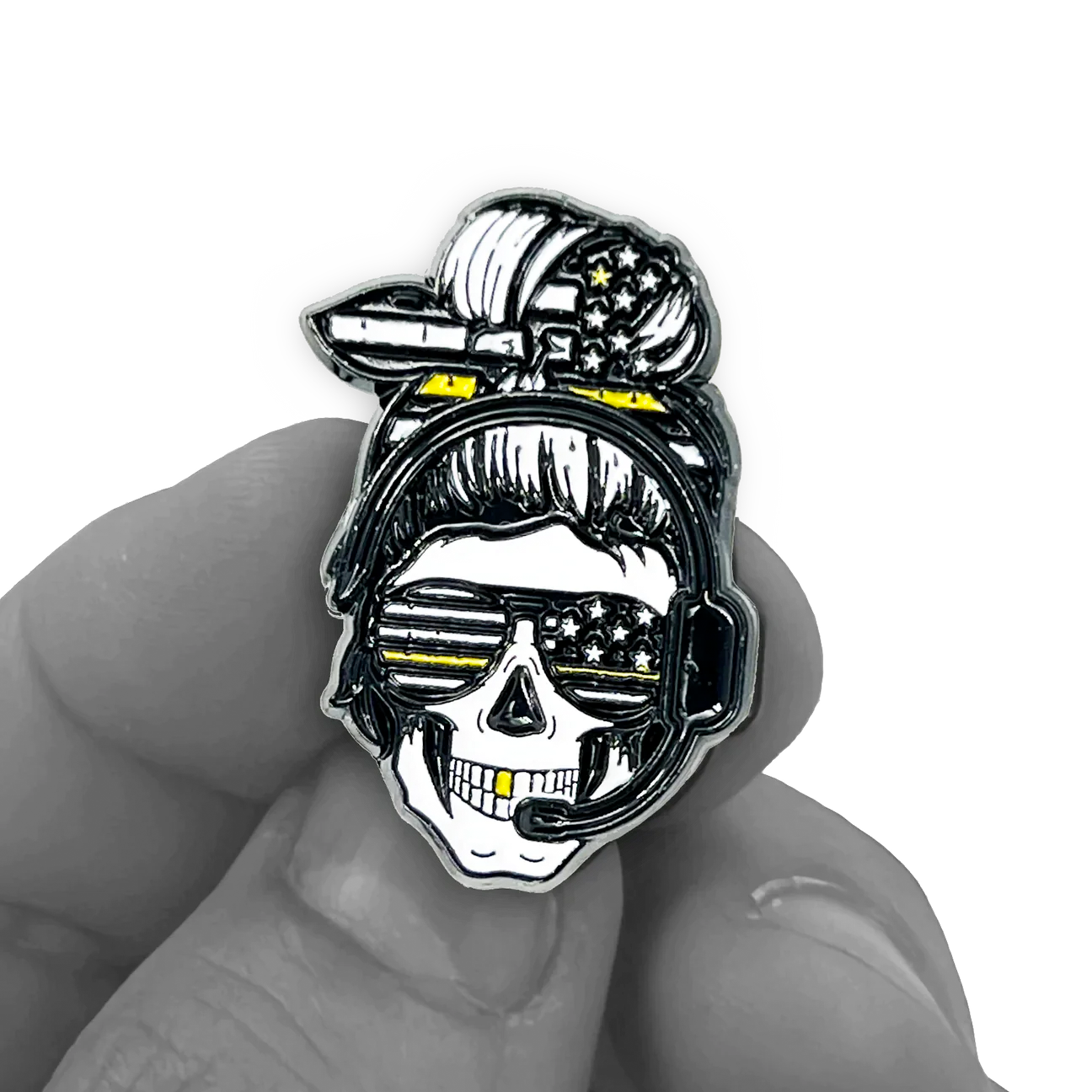 EL13-021 Headset Hero Thin Gold Line Line pin american flag yellow 911 Emergency Dispatcher Trucker pins