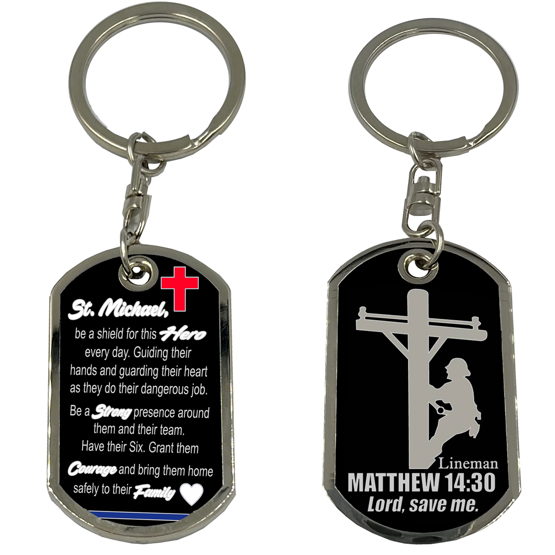 GL4-004 Lineman Prayer Saint Michael Protect Us Challenge Coin Dog Tag Keychain Electrician Poleman