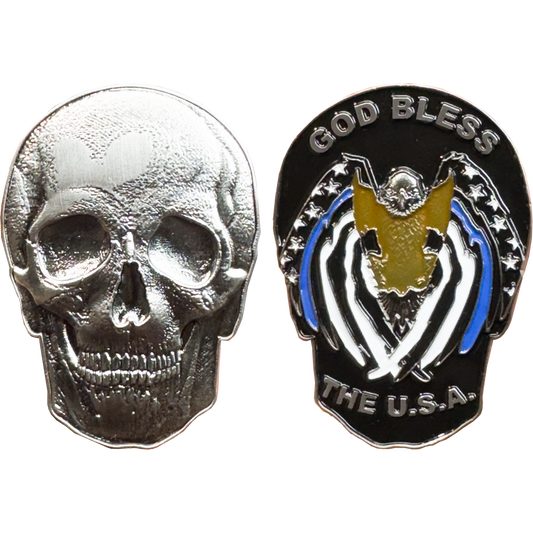EL12-001 Thin Blue Line Flag Police Eagle God Bless America Skull Challenge Coin LAPD FBI ATF CBP