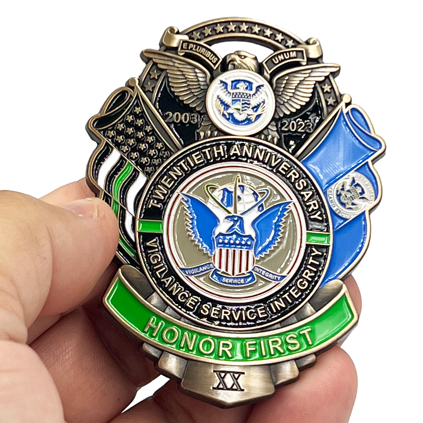 CL2-16 Large 3 inch 20th Anniversary CBP Border Patrol Agent Commemorative Honor First Thin Green Line Pin not a Challenge Coin