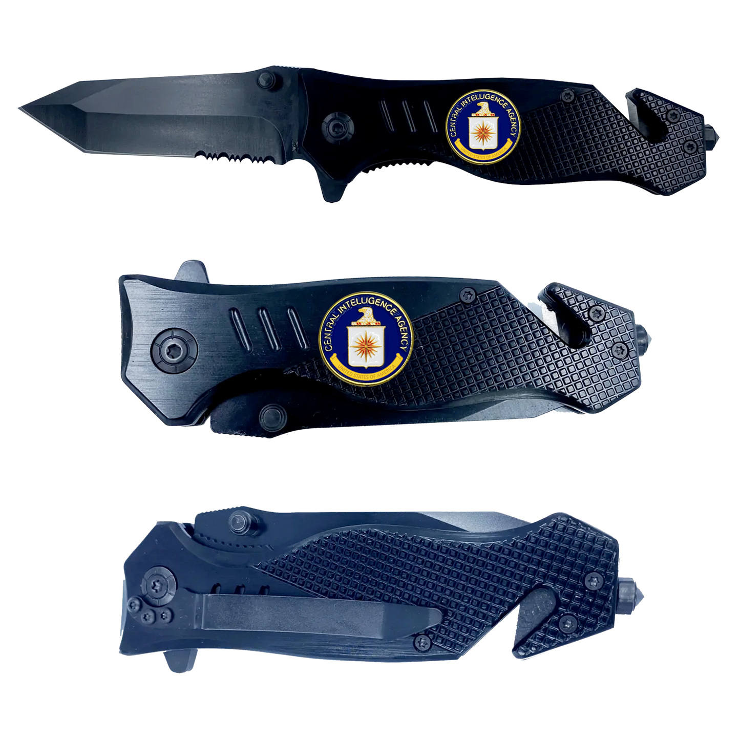 CIA Central Intelligence Agency 3-in-1 Tactical Rescue knife tool with Seatbelt Cutter, Steel Serrated Blade, Glass