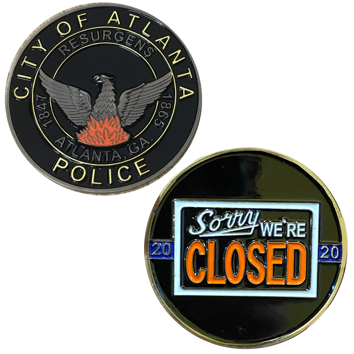 discontinued DL2-10 ATLANTA POLICE DEPARTMENT PD APD WALK OFF BLUE FLU CHALLENGE COIN SORRY WE’RE CLOSED