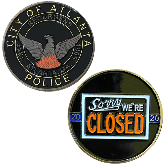 discontinued DL2-10 ATLANTA POLICE DEPARTMENT PD APD WALK OFF BLUE FLU CHALLENGE COIN SORRY WE’RE CLOSED