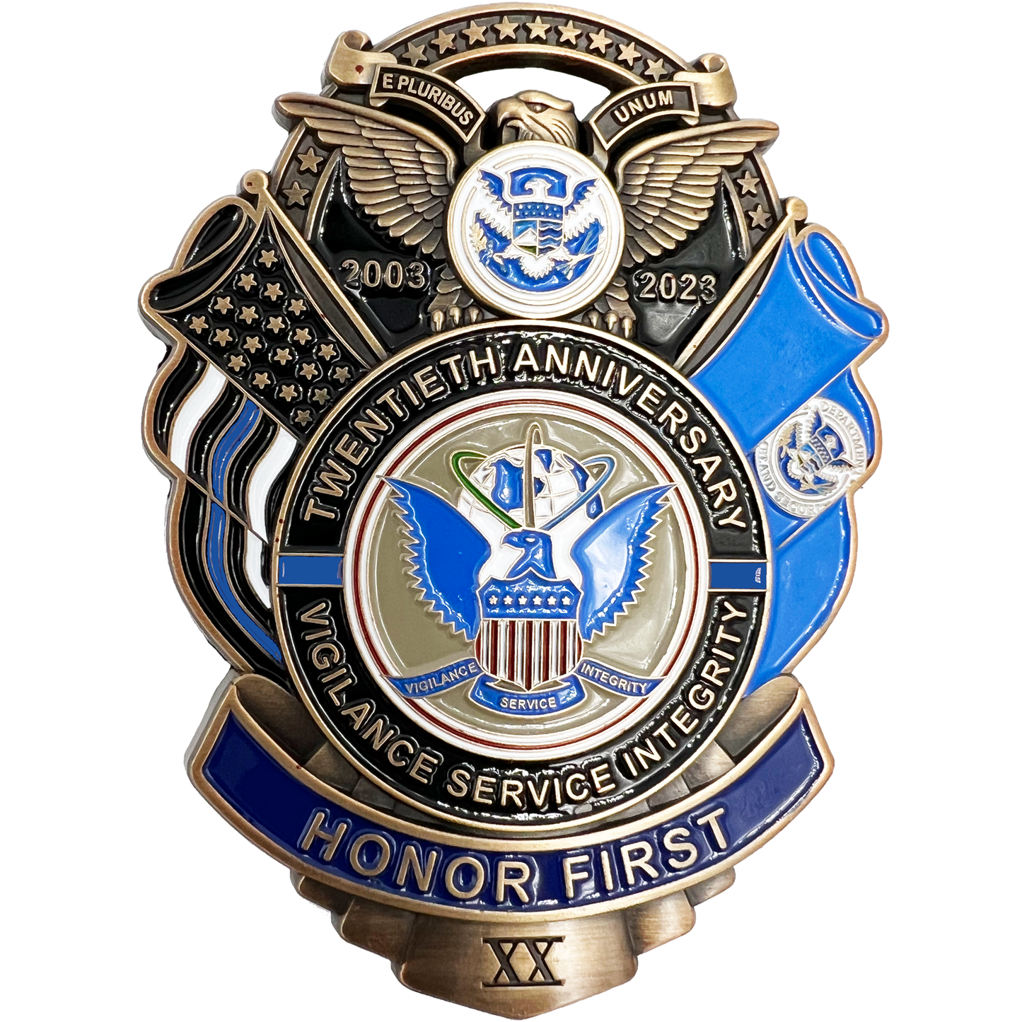 CL3-07 Large 3 inch 20th Anniversary CBP CBP Officer Field Ops Commemorative Honor First Thin Blue Line Pin not a Challenge Coin