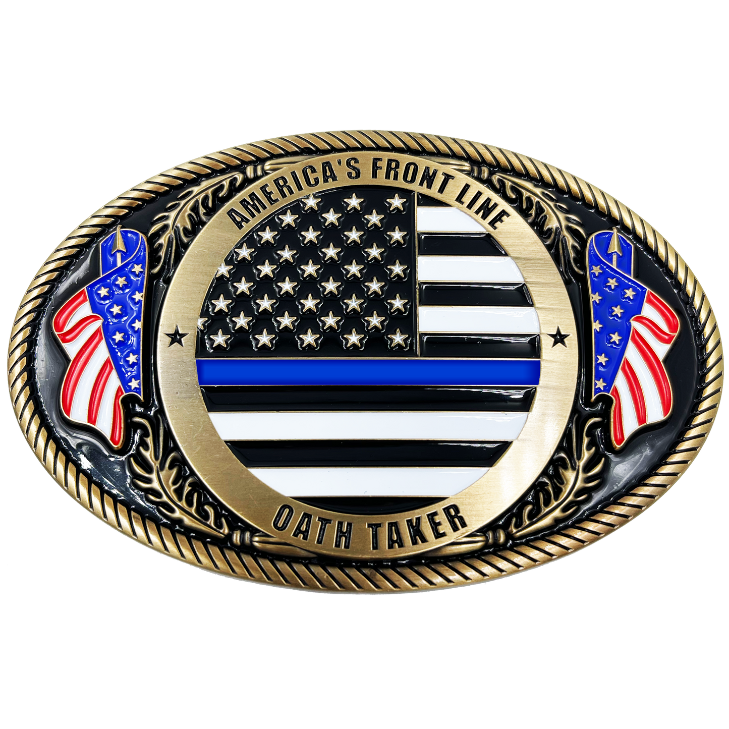 EL3-008 Police Officer Antique GOLD Thin Blue Line Police American Flag Belt Buckle America's Front Line Oath Taker