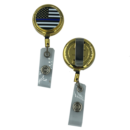 CL8-08 Police Thin Blue Line Metal ID Reel retractable ID Card Holder CBP First Responder Officer