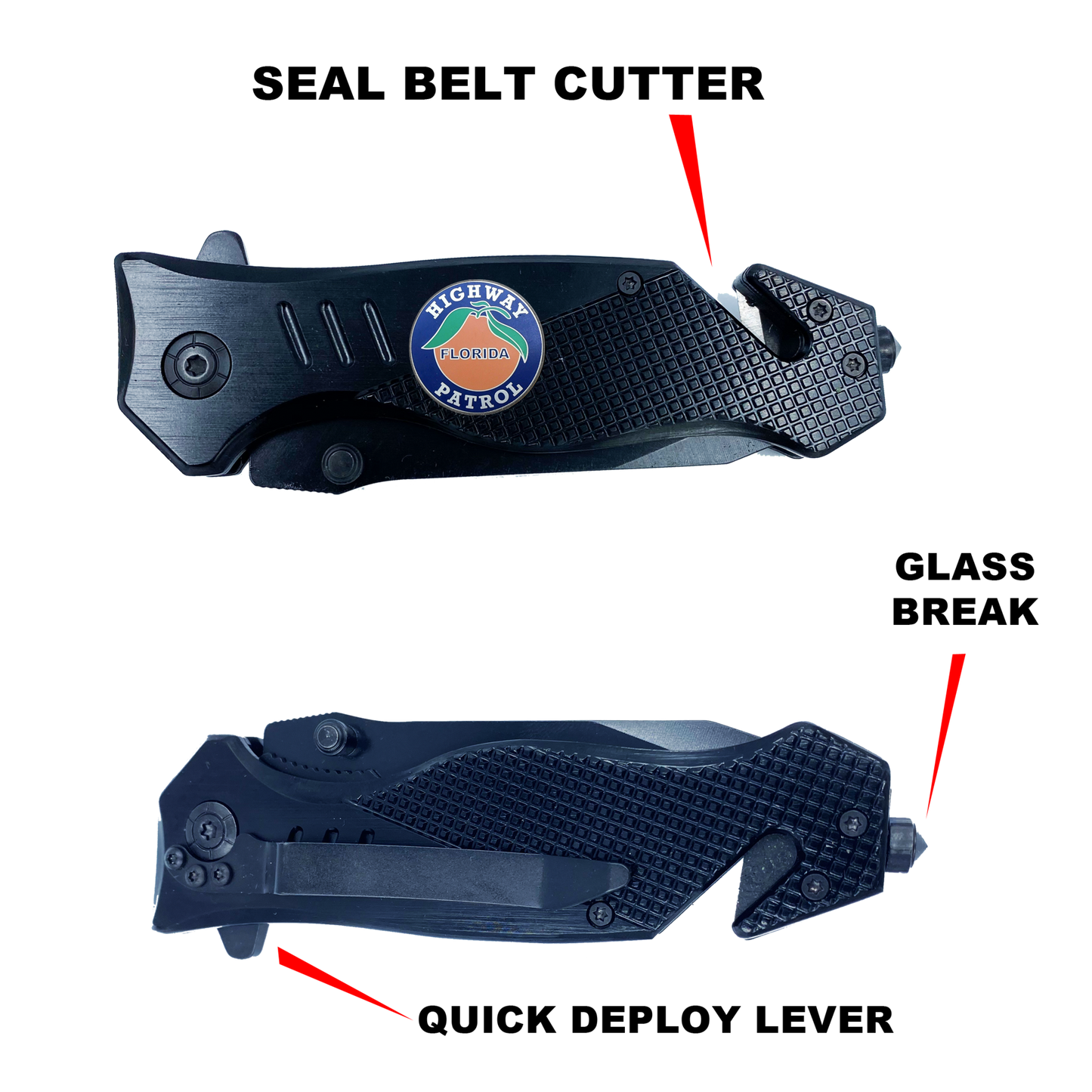 FHP collectible 3-in-1 Tactical Officer Rescue knife tool with Seatbelt Cutter, Steel Serrated Blade, Glass Breaker Florida Highway Patrol Police Trooper