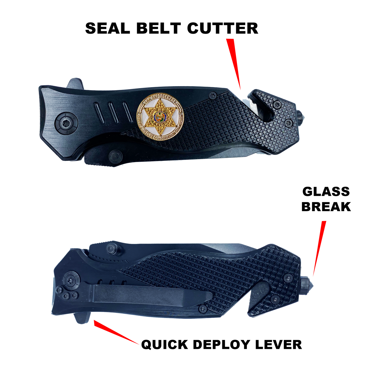 FWC Florida Fish and Wildlife Commission collectible BPA 3-in-1 Police Tactical Rescue knife tool with Seatbelt Cutter, Steel Serrated Blade, Glass Breaker Police Fishing Hunting