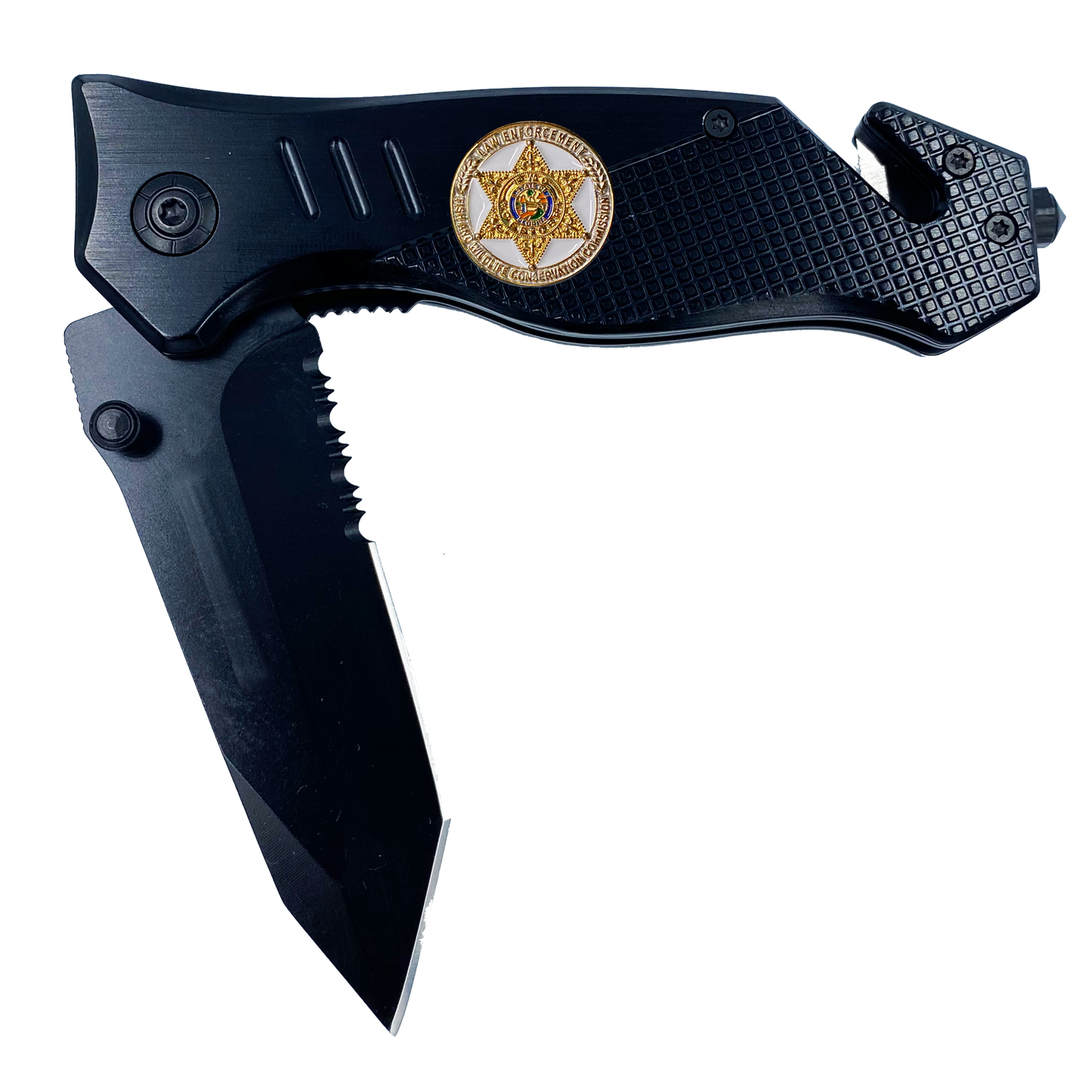 FWC Florida Fish and Wildlife Commission collectible BPA 3-in-1 Police Tactical Rescue knife tool with Seatbelt Cutter, Steel Serrated Blade, Glass Breaker Police Fishing Hunting