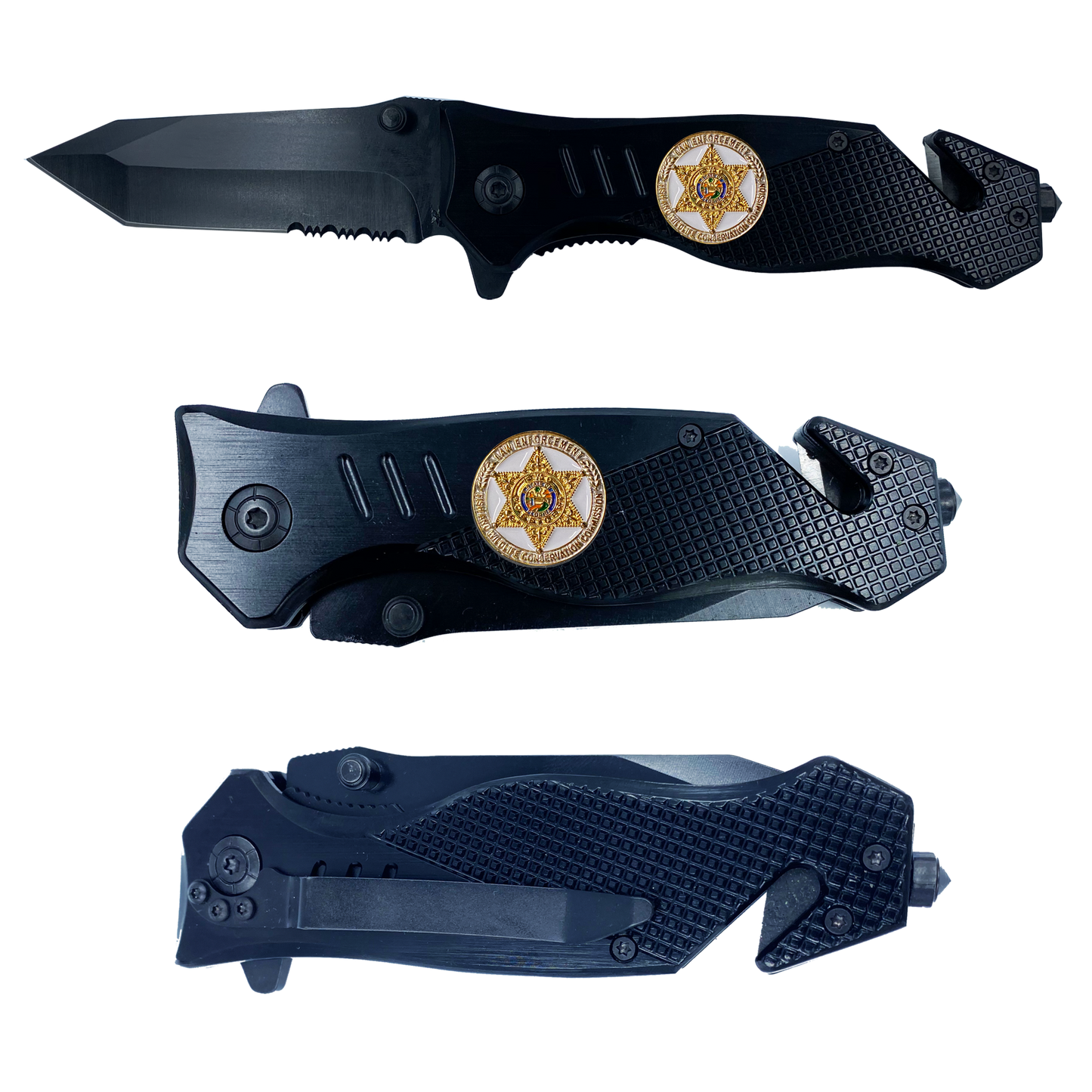 FWC Florida Fish and Wildlife Commission collectible BPA 3-in-1 Police Tactical Rescue knife tool with Seatbelt Cutter, Steel Serrated Blade, Glass Breaker Police Fishing Hunting