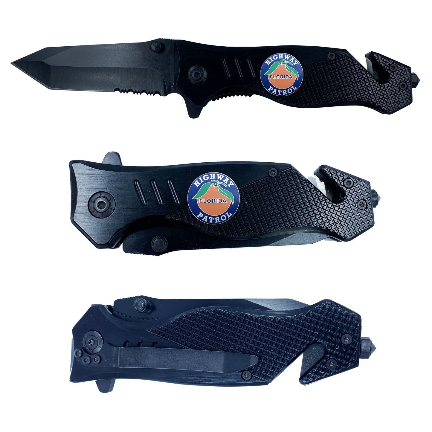 FHP collectible 3-in-1 Tactical Officer Rescue knife tool with Seatbelt Cutter, Steel Serrated Blade, Glass Breaker Florida Highway Patrol Police Trooper
