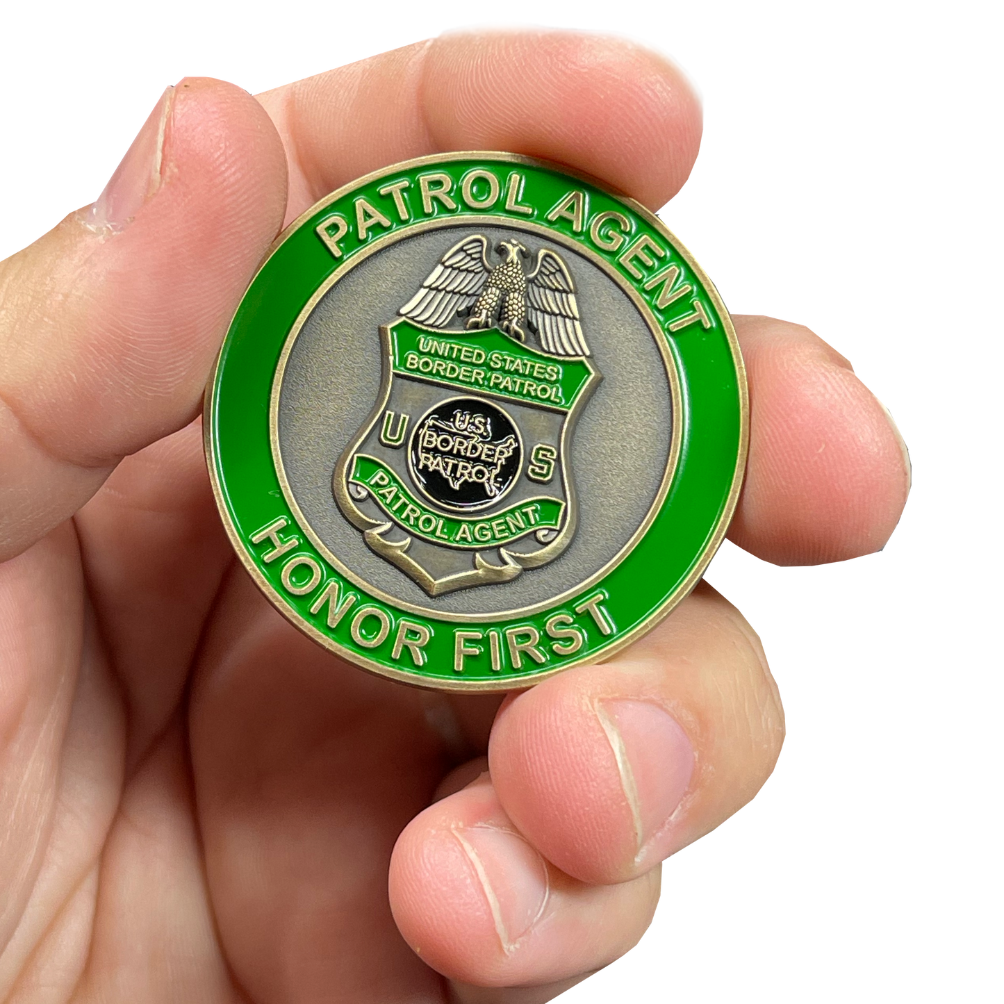 discontinued EL7-008 Border Patrol Honor First Thin Green Line Challenge Coin BPA Patrol Agent
