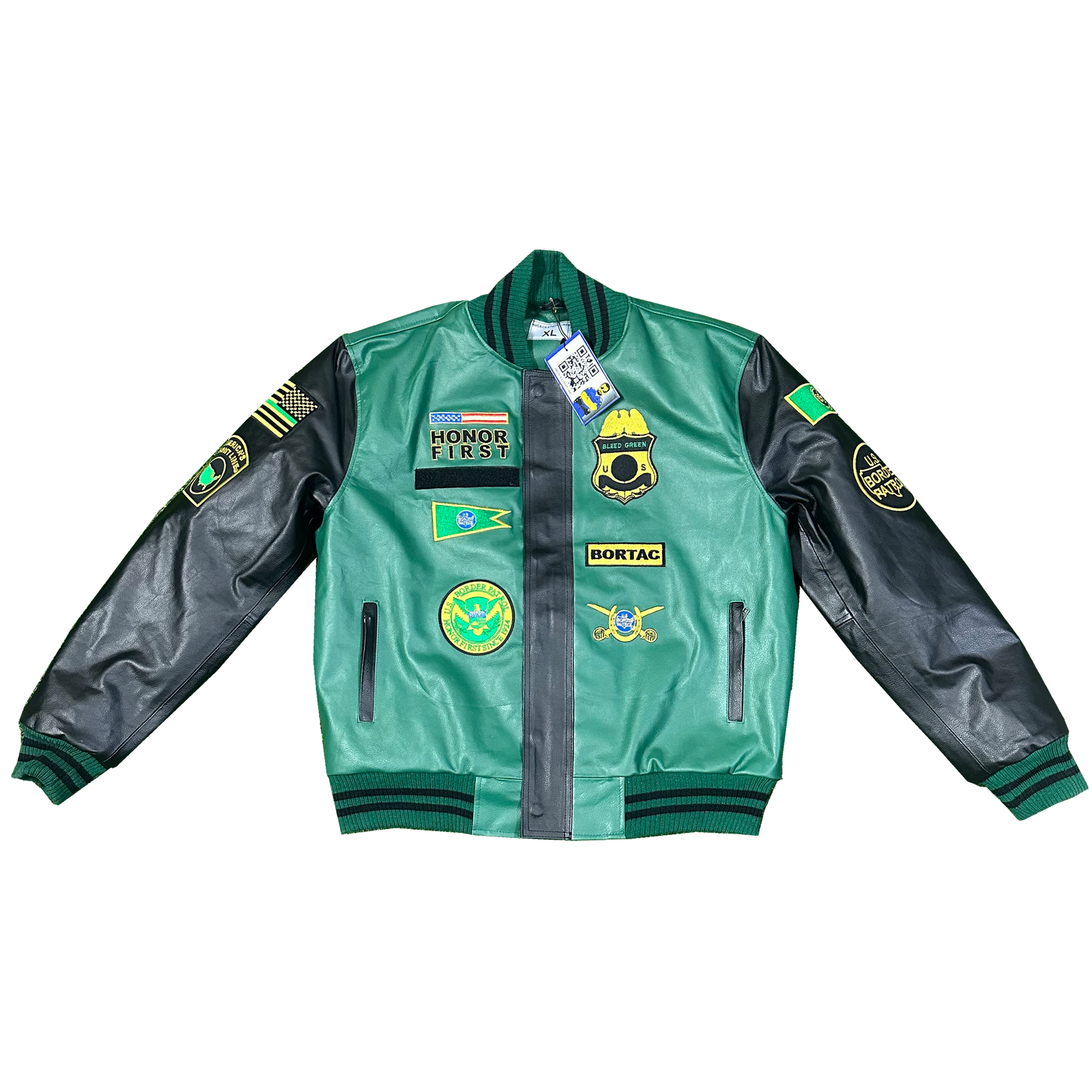 Pro CBP Border Patrol Custom Leather Bomber Varsity Jacket BPA Honor First Coat Thin Green Line