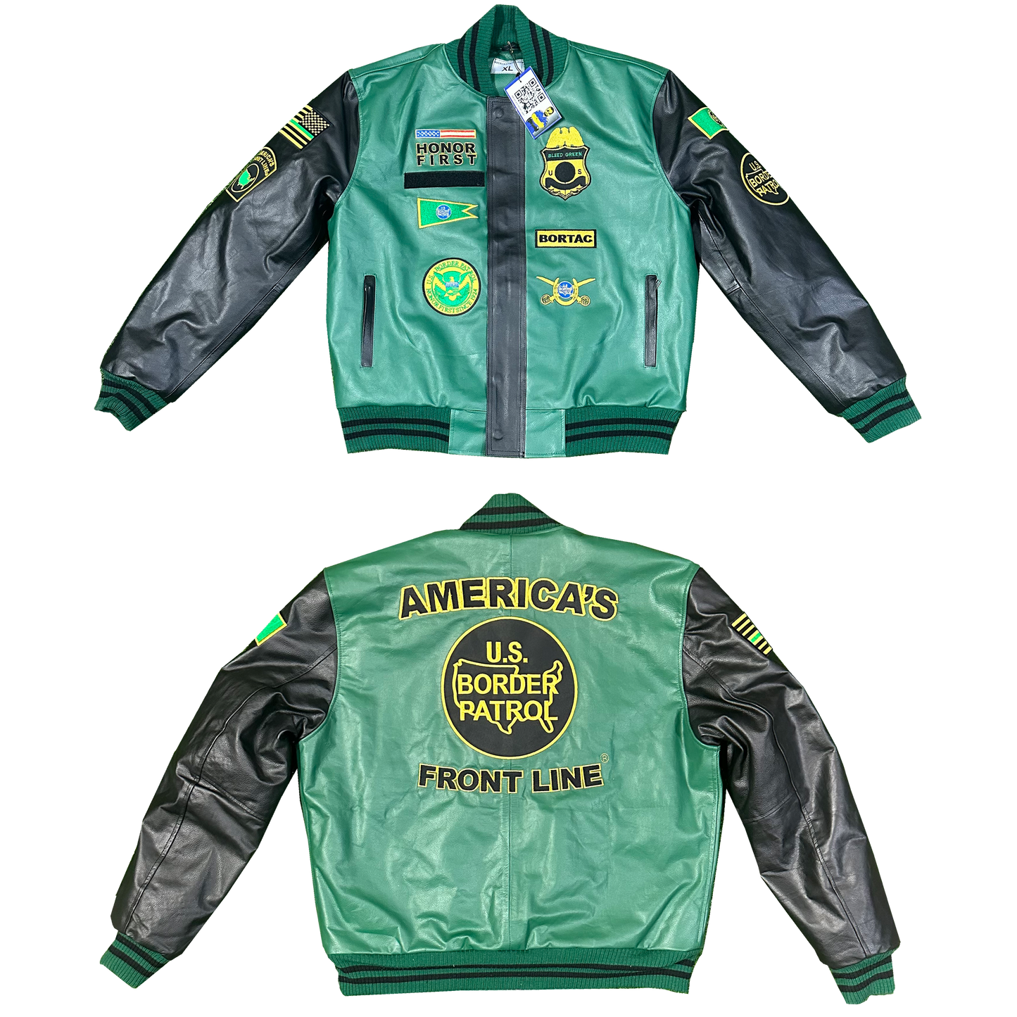 Pro CBP Border Patrol Custom Leather Bomber Varsity Jacket BPA Honor First Coat Thin Green Line