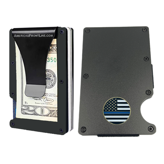 EL3-012 Police Thin Blue Line Wallet Money Clip RFID Blocking Front Pocket Wallet Premium Minimalist Wallets for Men Minimalist Slim Credit Card Holder Business Card Holder Mens Aluminum Metal Wallet