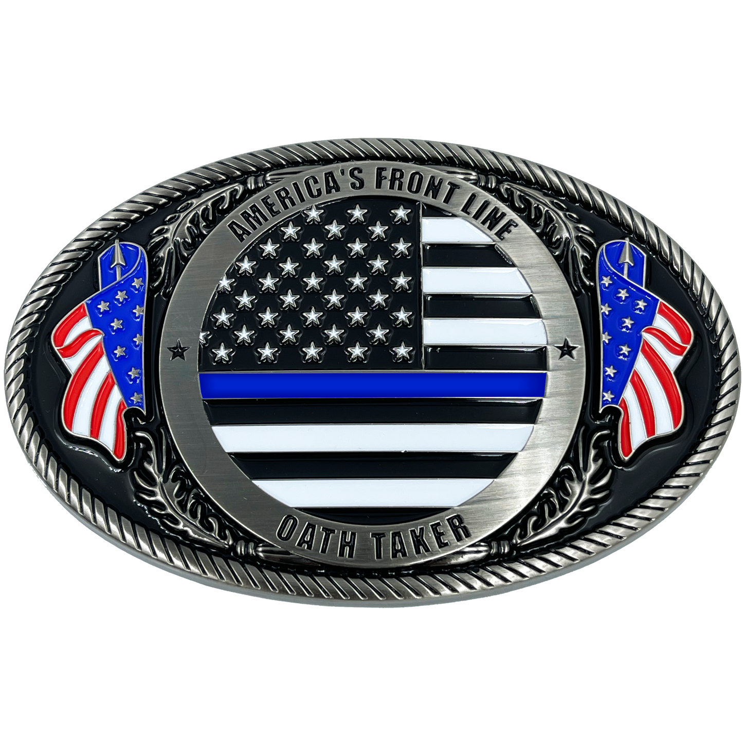 EL4-006 Police Officer Antique Nickel Thin Blue Line Police American Flag Belt Buckle America's Front Line Oath Taker