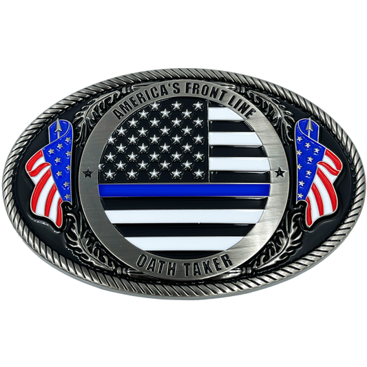 EL4-006 Police Officer Antique Nickel Thin Blue Line Police American Flag Belt Buckle America's Front Line Oath Taker