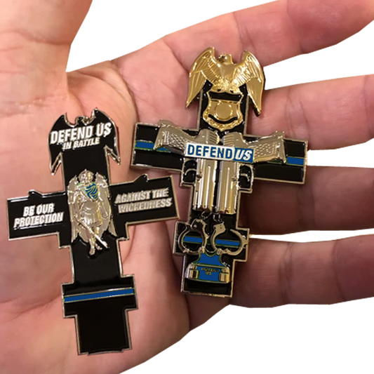 GG-010 Thin Blue Line St. Michael Cross Police Sheriff CBP FBI ATF Challenge Coin medallion