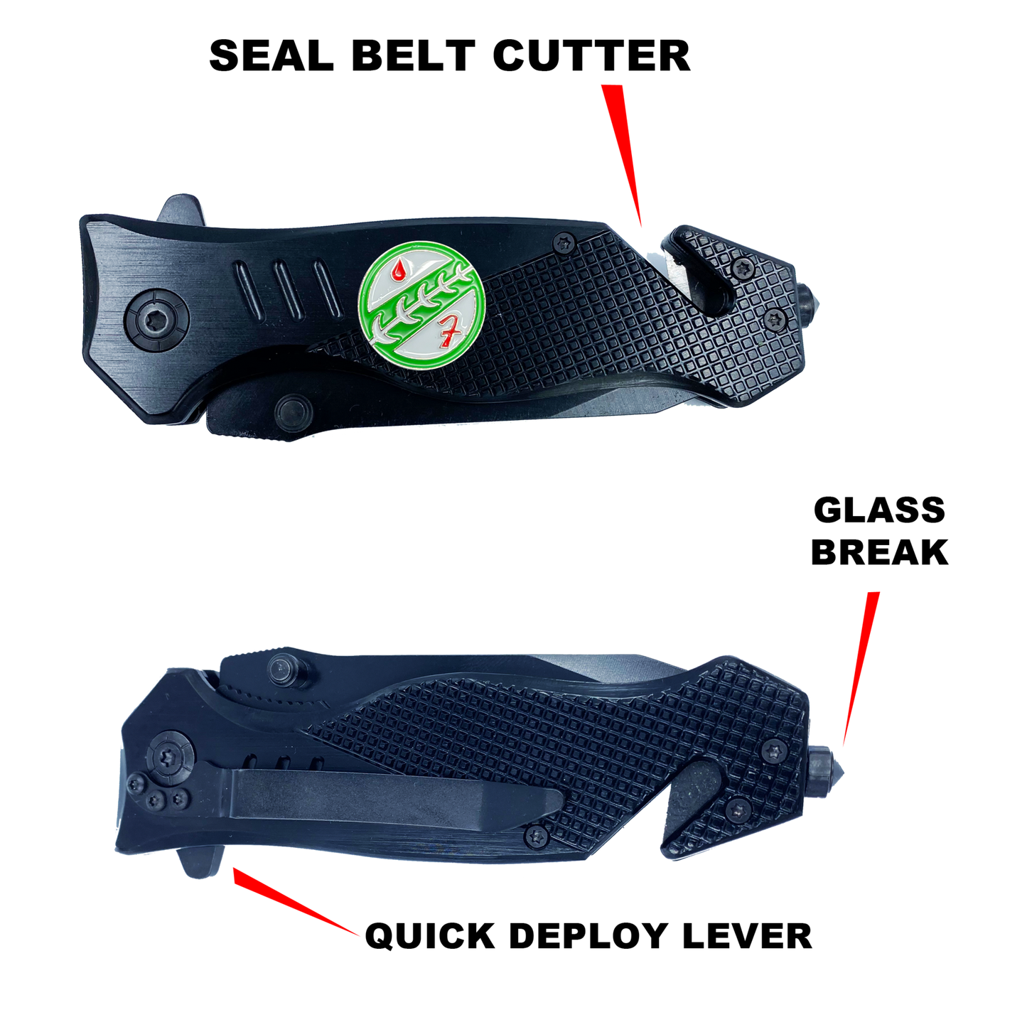 Bounty Hunter 3-in-1 Police Tactical Rescue knife tool with Seatbelt Cutter, Steel Serrated Blade, Glass Breaker Patrol Agent CBP