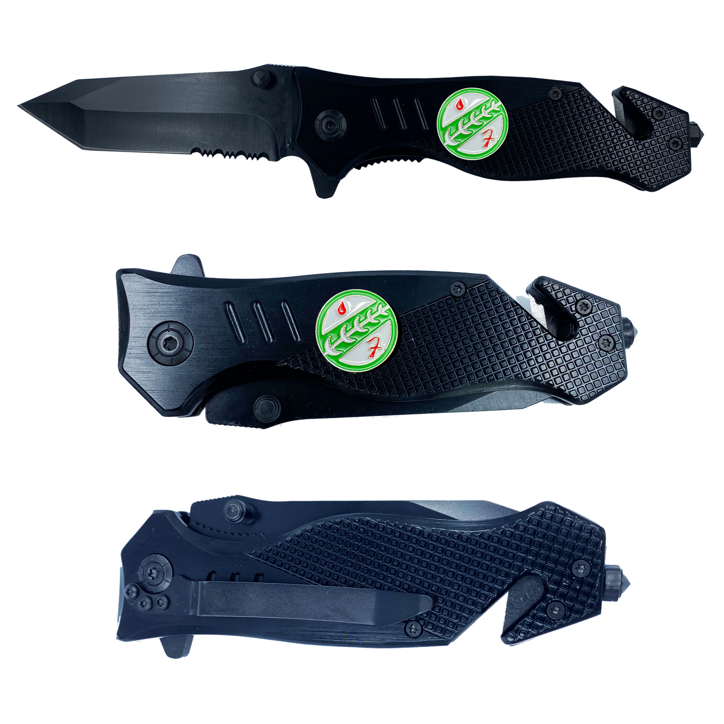 Bounty Hunter 3-in-1 Police Tactical Rescue knife tool with Seatbelt Cutter, Steel Serrated Blade, Glass Breaker Patrol Agent CBP