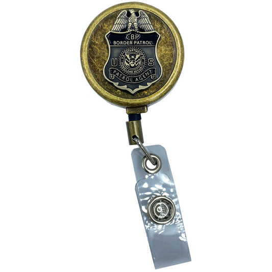 DL10-10 Border Patrol Antique Bronze Plated Metal ID Reel retractable Card Holder CBP Border Patrol Agent BPA
