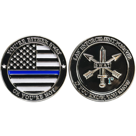 BL16-002 Police Swat 1* Thin Blue Line Challenge Coin Law Enforcement Forever IYKYK