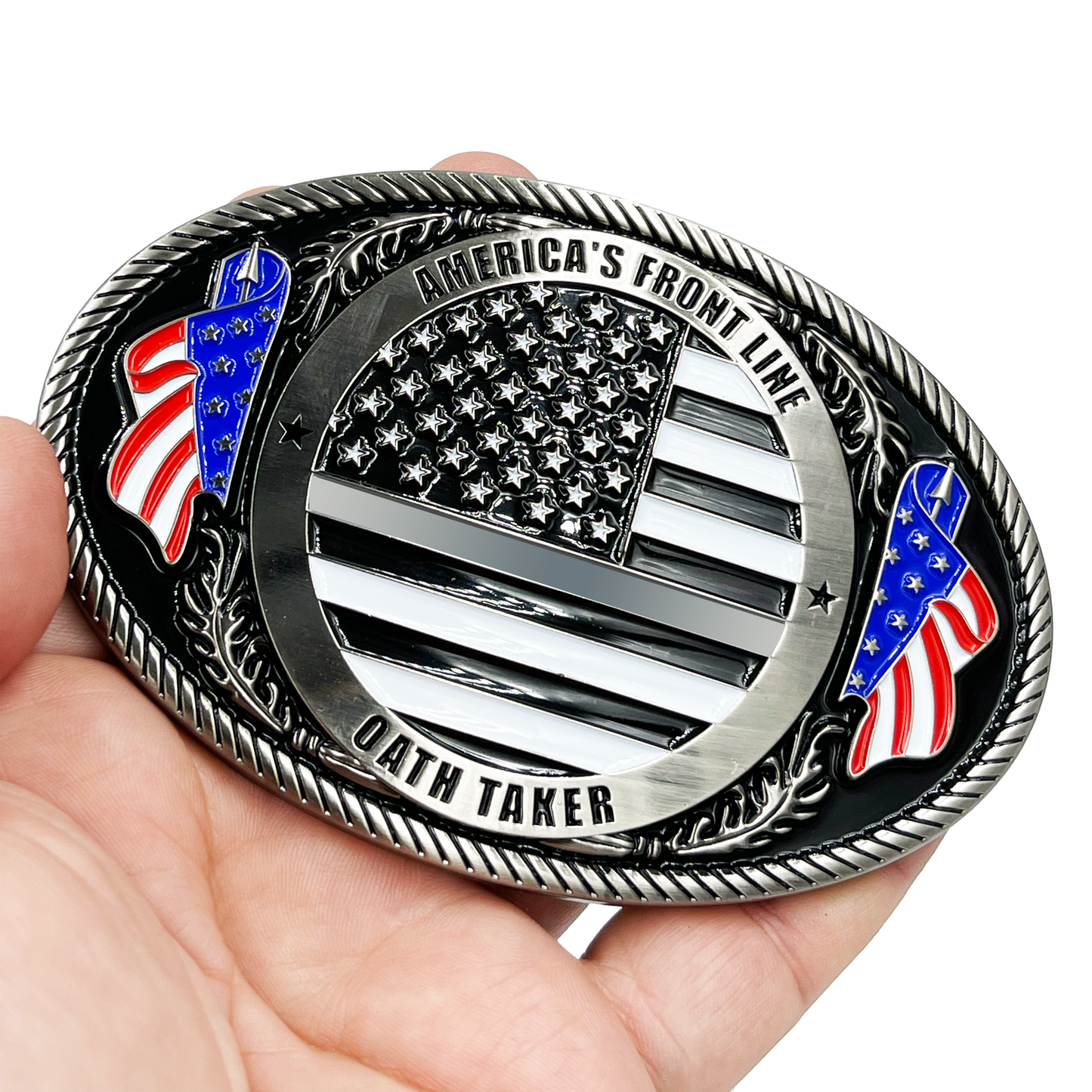 EL4-008 Correctional Officer Antique Nickel Thin Gray Line CO Police American Flag Corrections Belt Buckle America's Front Line Oath Taker