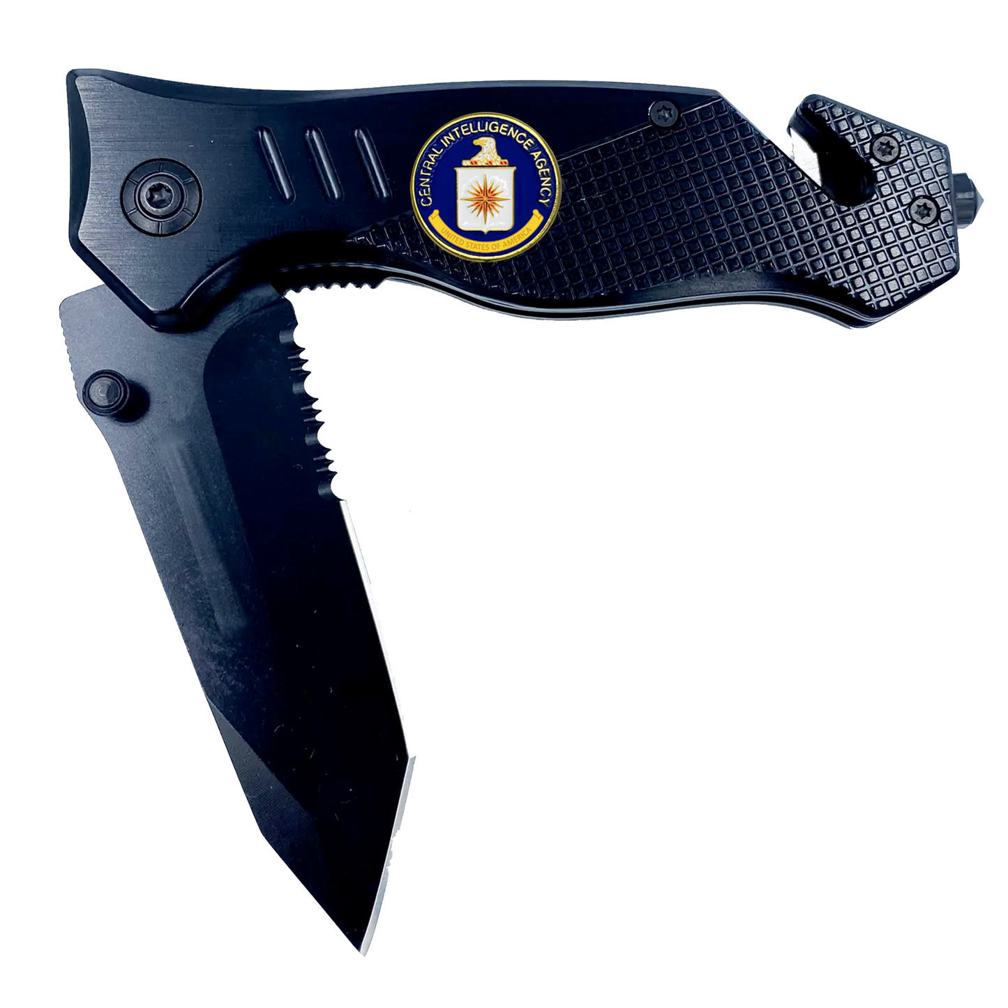 CIA Central Intelligence Agency 3-in-1 Tactical Rescue knife tool with Seatbelt Cutter, Steel Serrated Blade, Glass