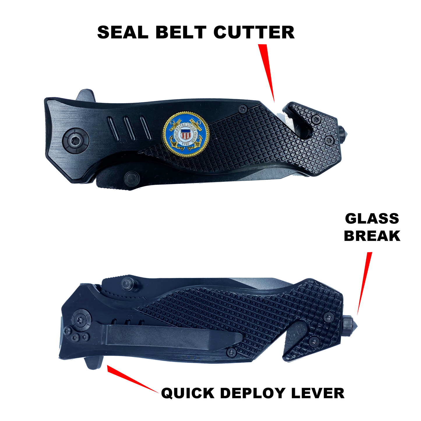 Coastie collectible USCG 3-in-1 Police Tactical Rescue knife tool for U.S. Coast Guard with Seatbelt Cutter, Steel Serrated Blade, Glass Breaker