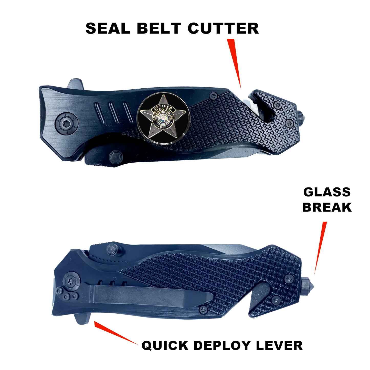 Chicago Police Department CPD 3-in-1 Tactical Rescue knife tool with Seatbelt Cutter, Steel Serrated Blade, Glass breaker