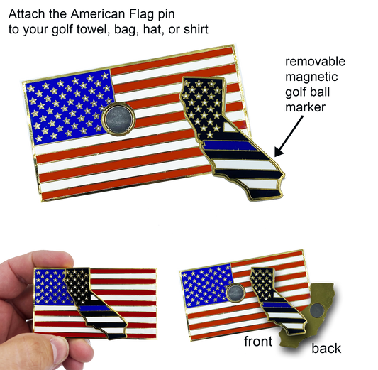 California Thin Blue Line Police Golf Ball Marker American Flag Challenge Coin Pin Magnetic