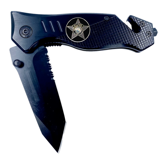 Chicago Police Department CPD 3-in-1 Tactical Rescue knife tool with Seatbelt Cutter, Steel Serrated Blade, Glass breaker