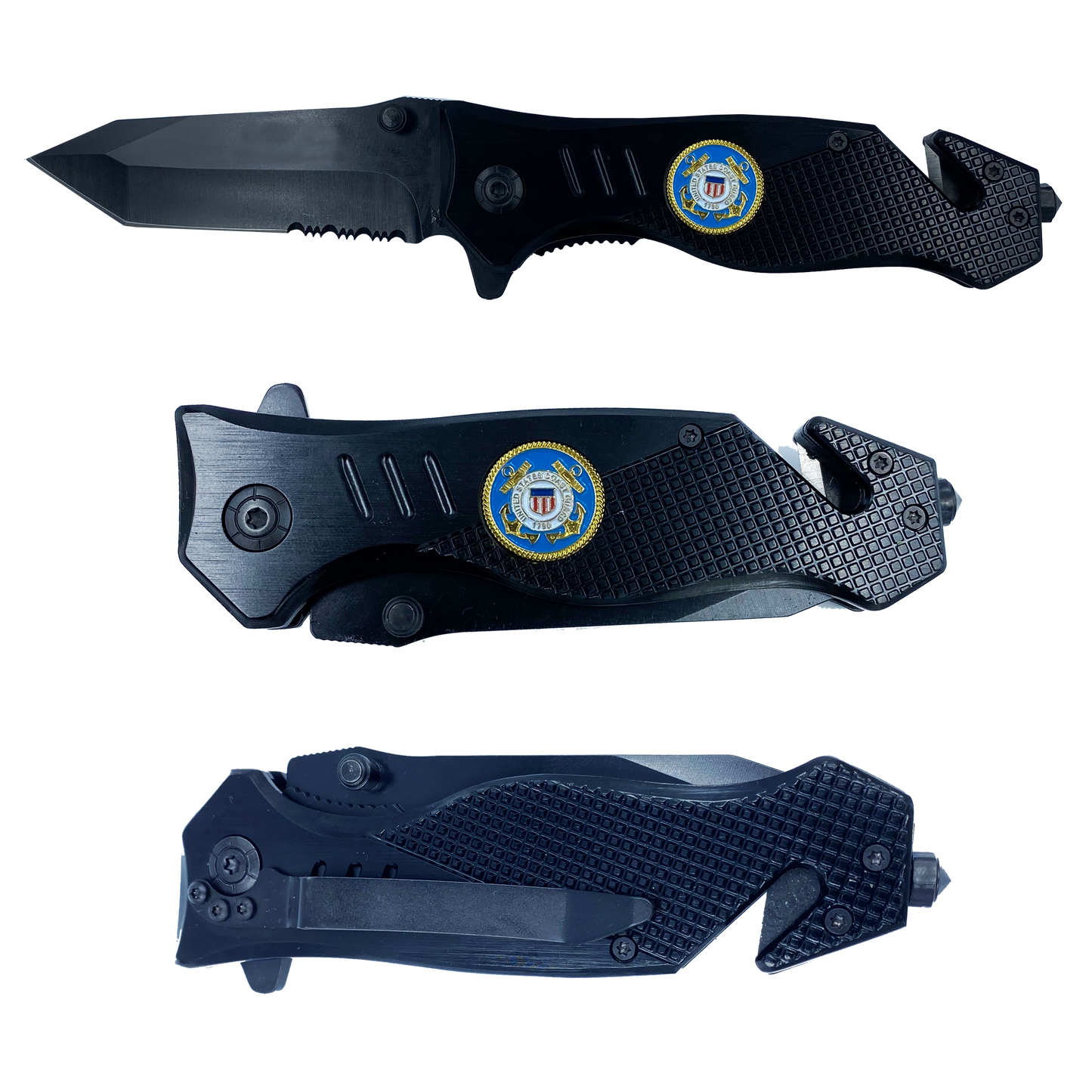 Coastie collectible USCG 3-in-1 Police Tactical Rescue knife tool for U.S. Coast Guard with Seatbelt Cutter, Steel Serrated Blade, Glass Breaker