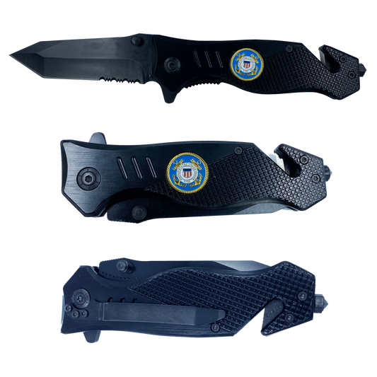 Coastie collectible USCG 3-in-1 Police Tactical Rescue knife tool for U.S. Coast Guard with Seatbelt Cutter, Steel Serrated Blade, Glass Breaker
