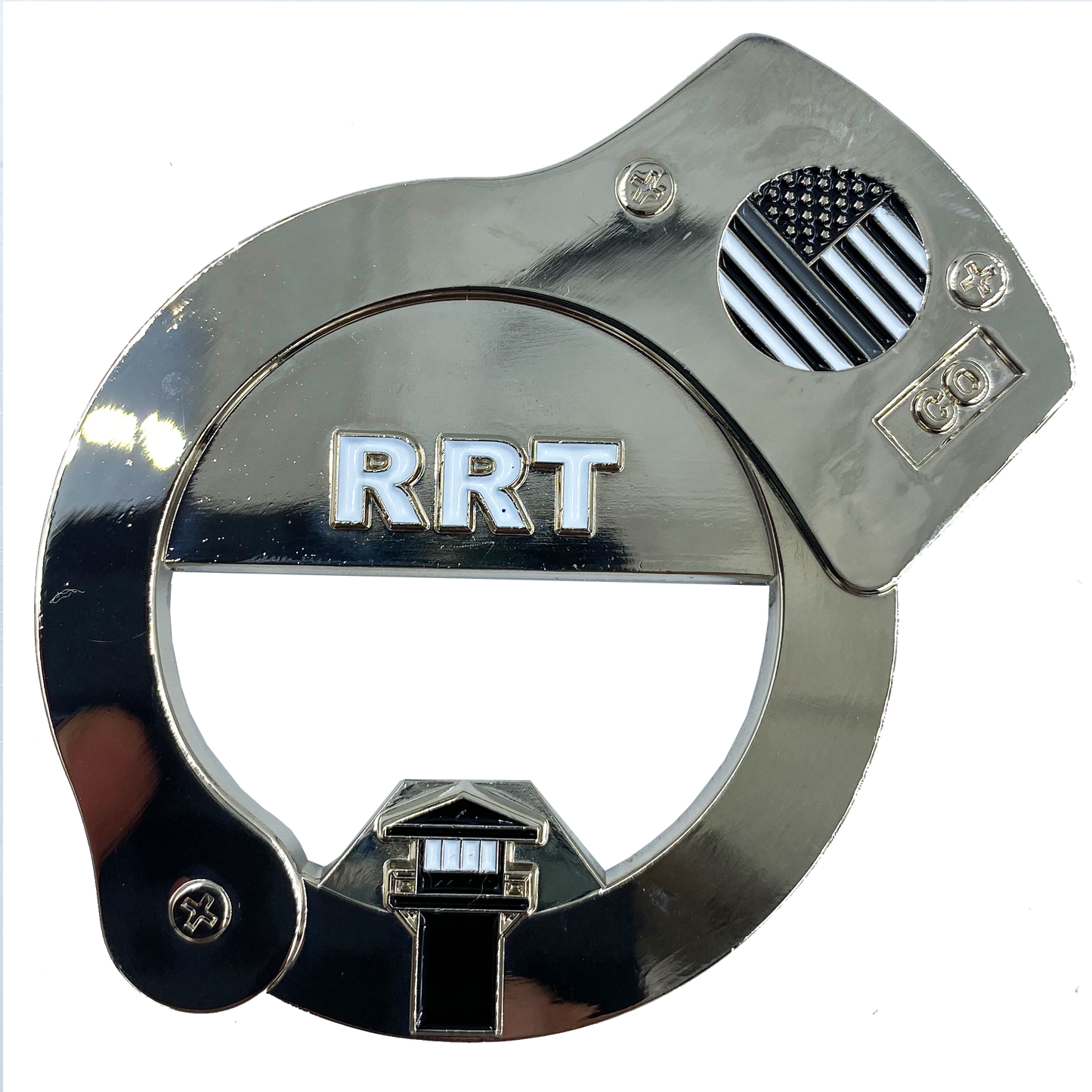 CL4-03 RRT Rapid Response Team Thin Gray Line HANDCUFFs Challenge Coin Bottle Opener Corrections Correctional Officer