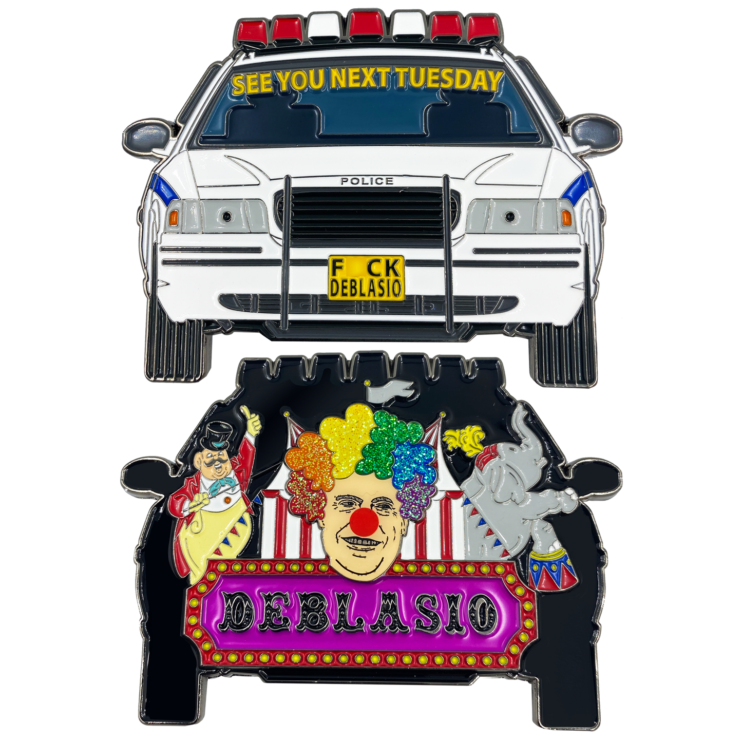 DL11-02 Mayor Bill DeBlasio Clown Car Circus Challenge Coin NYPD Police Thin Blue Line