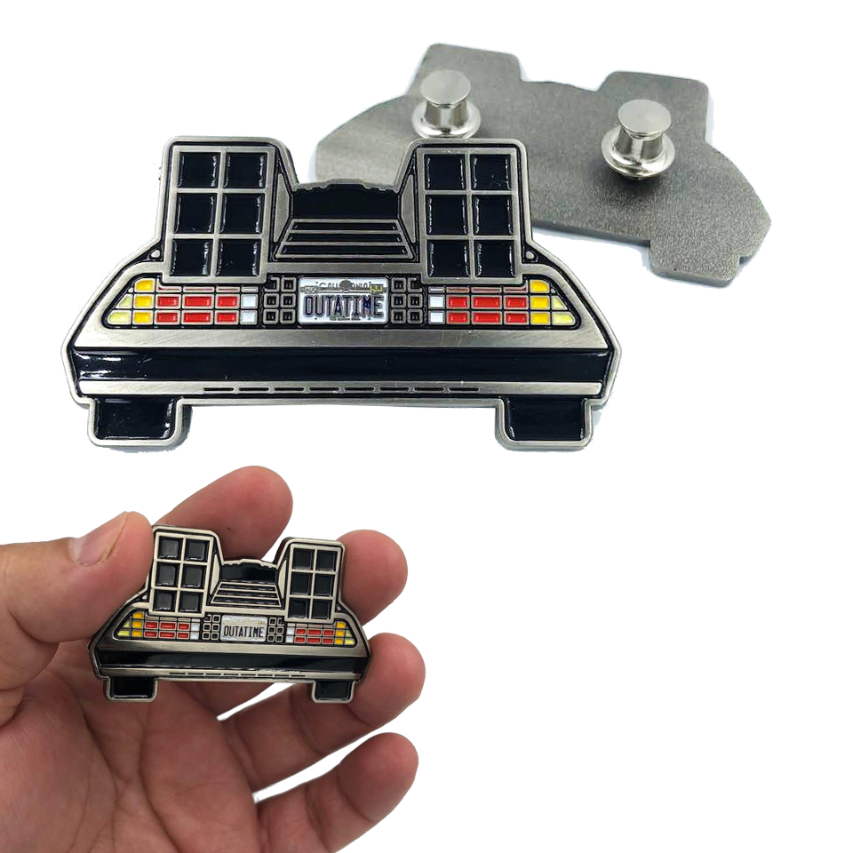 discontinued EE-020 Back to the Future Marty McFly Delorean Pin with double pin back and spring loaded clasps