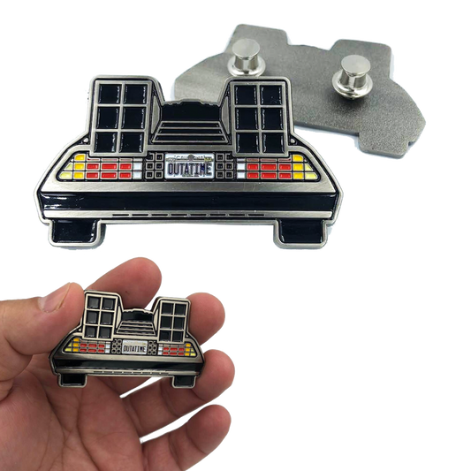 discontinued EE-020 Back to the Future Marty McFly Delorean Pin with double pin back and spring loaded clasps