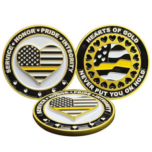 BL3-013 Emergency 911 Police Dispatcher Heart of Gold Challenge Coin Thin Gold Line