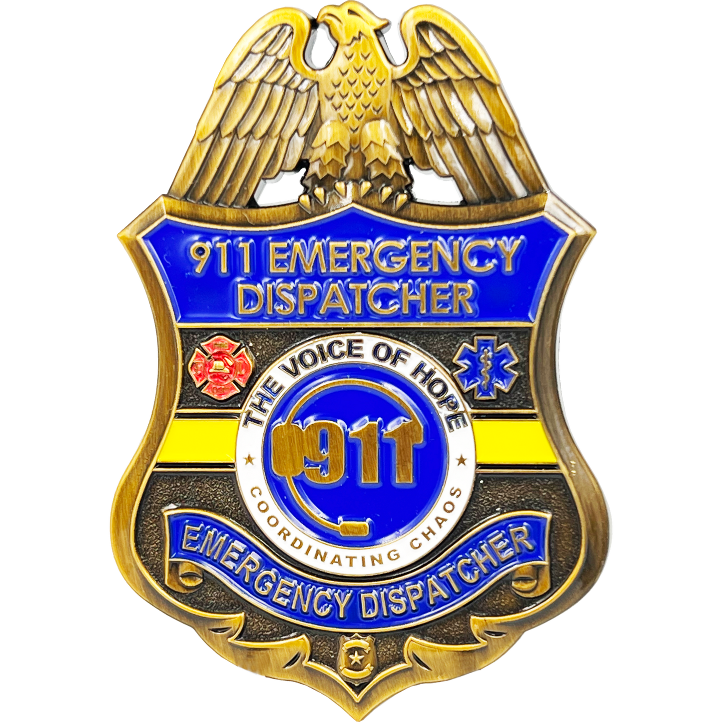 CL10-04 911 Emergency Dispatcher Fire Police EMT thin gold line Pin not a Challenge Coin