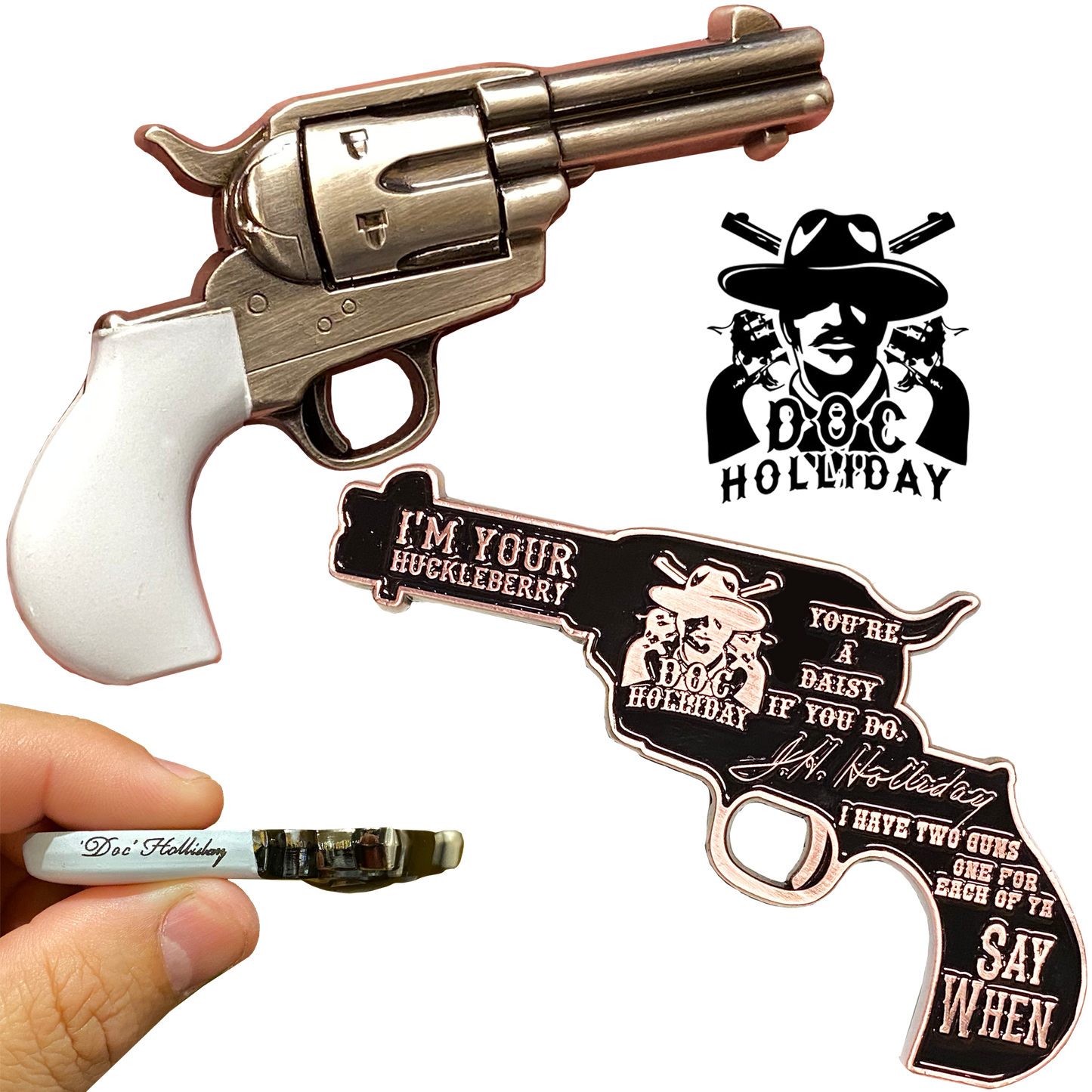 EE-013 Doc Holliday I'm Your Huckleberry ivory style grip nickel plated Model 1877 Colt Lightning Thunderer Challenge Coin