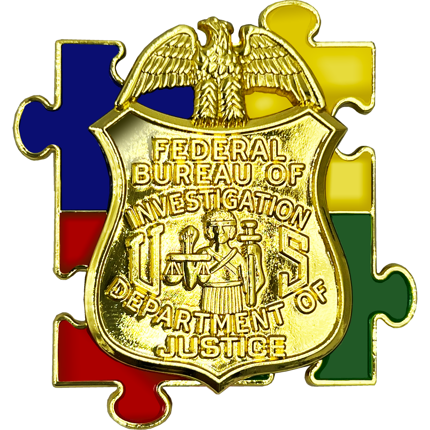 DL3-14 FBI Special Agent Intel Analyst Investigator Autism Awareness Month lapel pin puzzle pieces display like a challenge coin