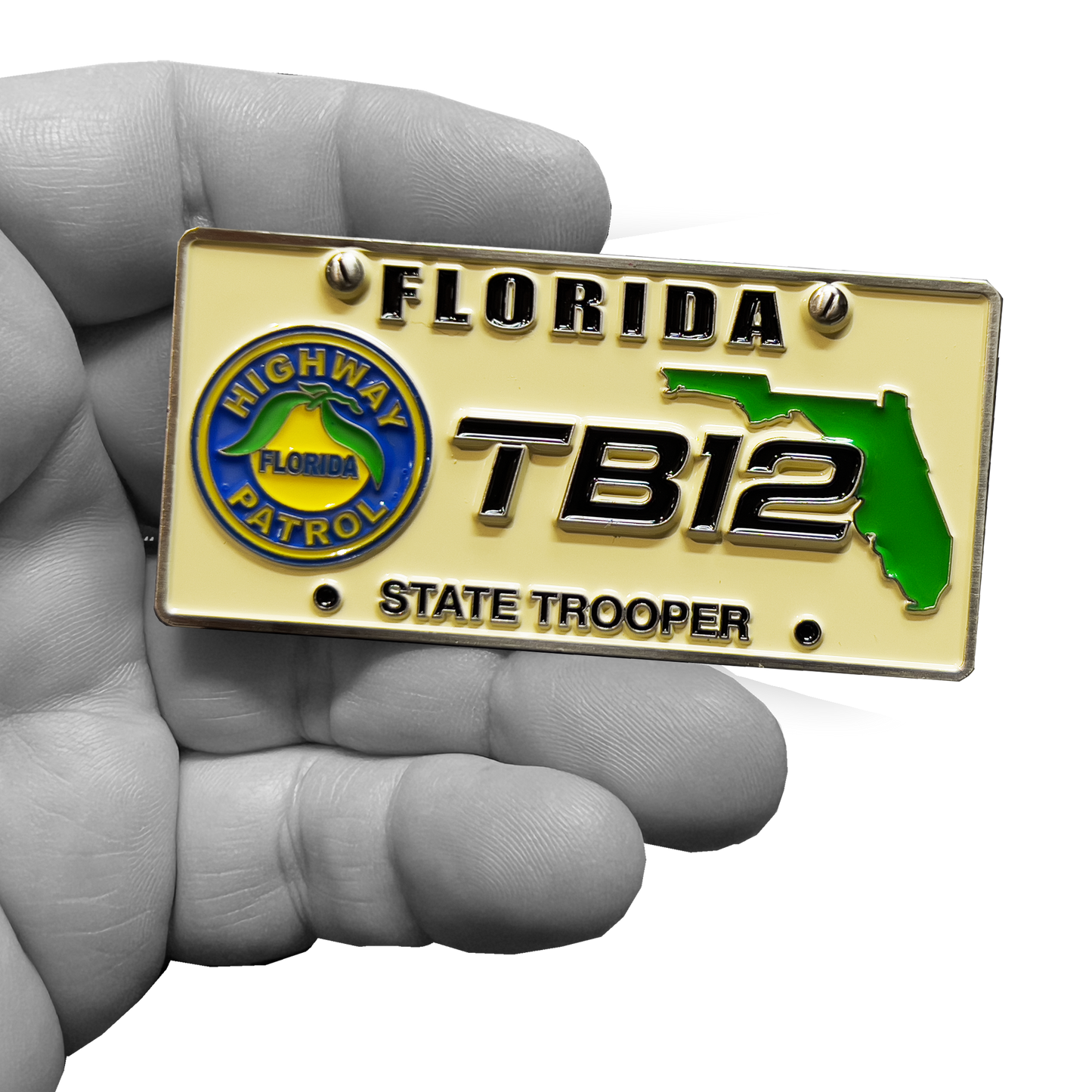 GL11-001 FHP Florida Highway Patrol State Police Tampa Bay Stadium Security Detail License Plate Challenge Coin