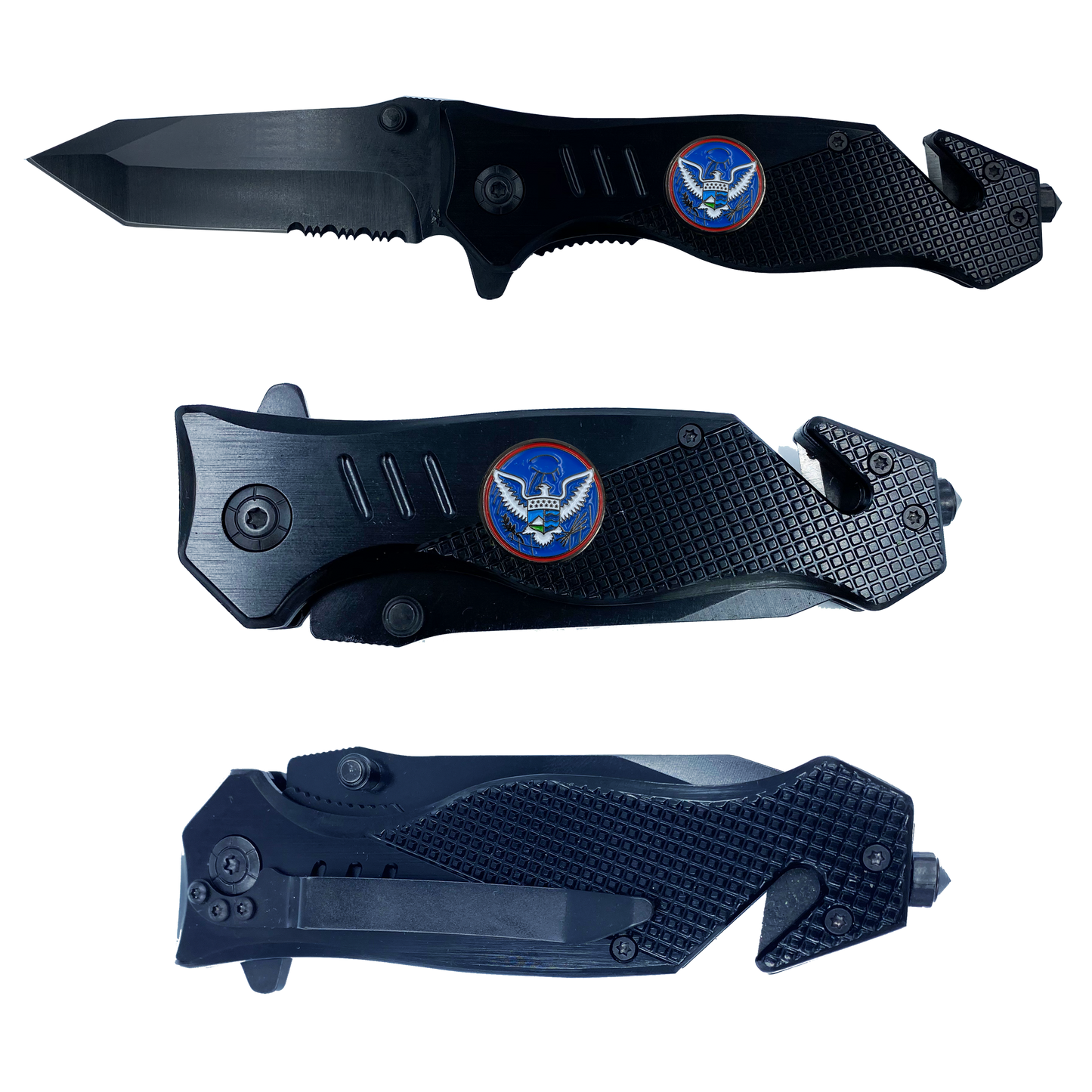 CBP Field Operations collectible Officer 3-in-1 Police Tactical Rescue knife tool for Field Operations with Seatbelt Cutter, Steel Serrated Blade, Glass Breaker OPS